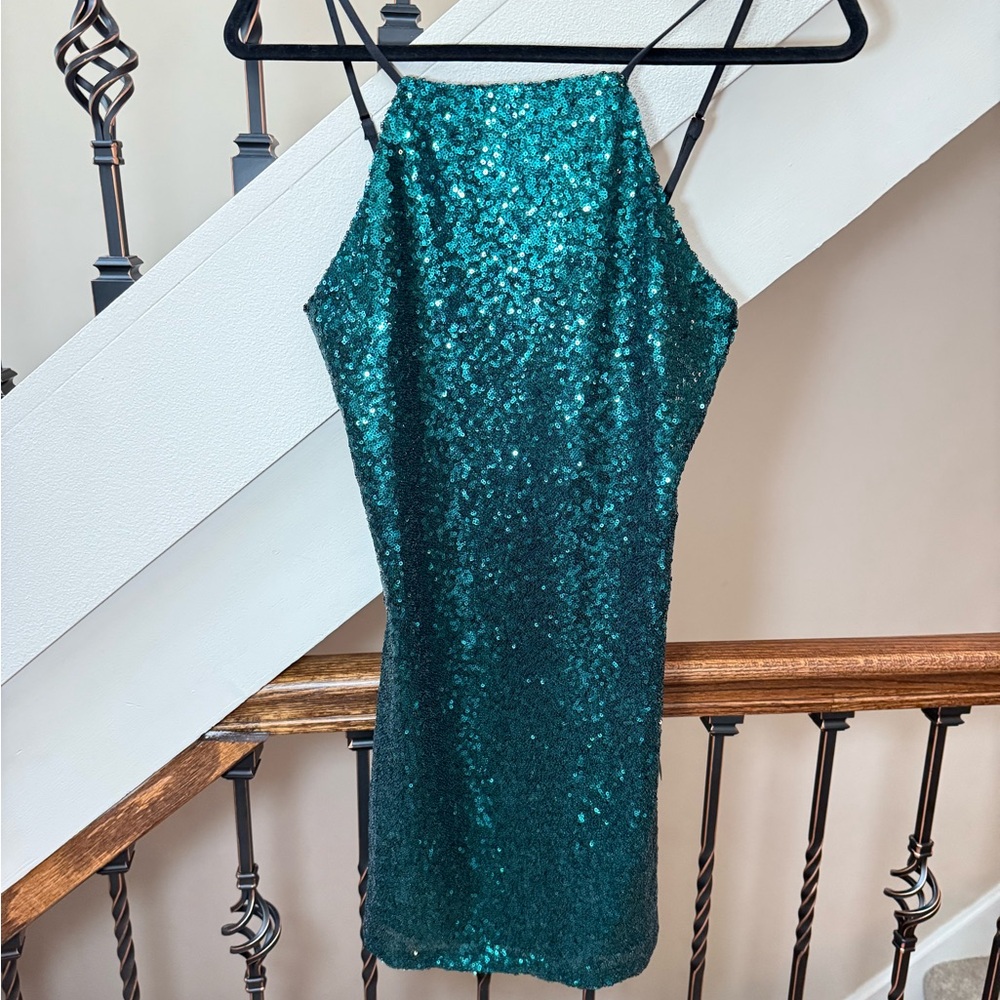 Lulu's Blue Sequin Halter Sheath Dress